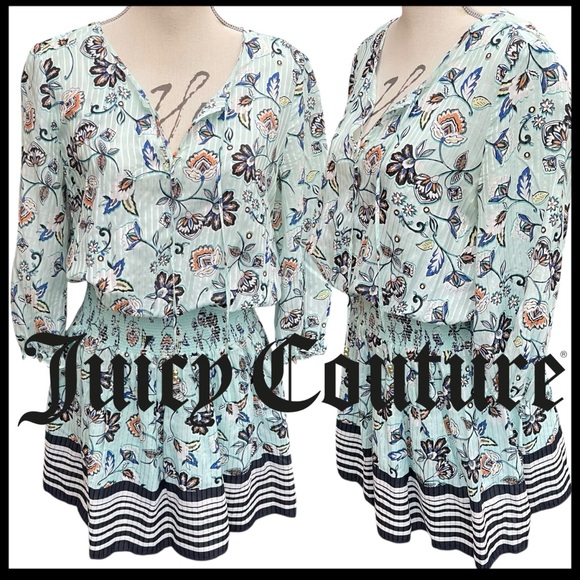New Juicy Couture Robin's Egg Blue Floral Cotton/Silk Boho Peasant Dress (M) - Picture 1 of 14